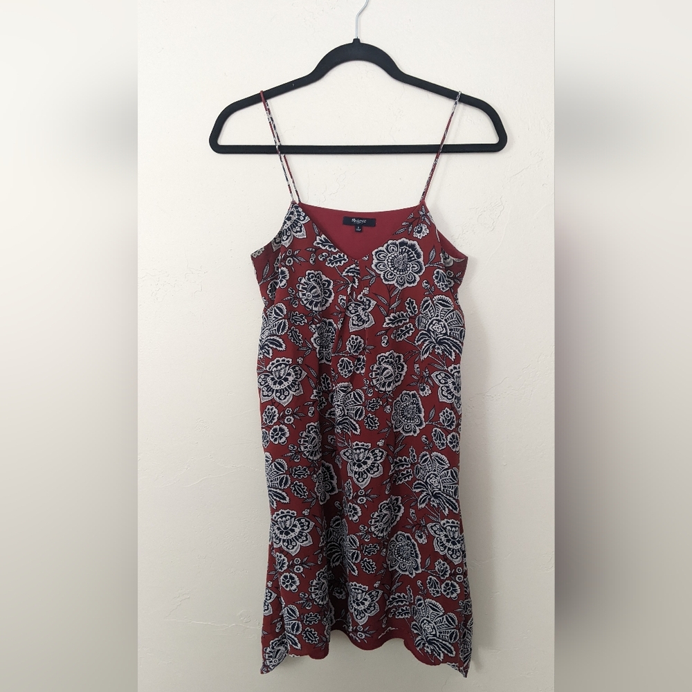 Madewell Slip Dress Pockets Red Floral Size Small Asymmetric Hem Fully Lined